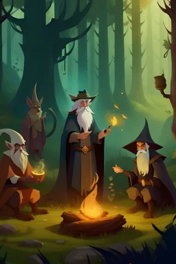 graphics for a games: 5 old magicians, magical, in a forest, and cast a spell to destroy the world.
