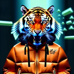 Tiger toddler, smile, cyberpunk headphone, sunglass, gangsta neckless, full body, orange puffer jacket, tokio background, dramatic lighting, hyper realistic, unreal engine 5, 16k