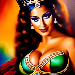 portrait of busty beautiful 'queen Carnival Rio de Janeiro', painting by simon Bisley , oil on canvas, cinematic composition, extreme detail,fit full head inside picture,8k