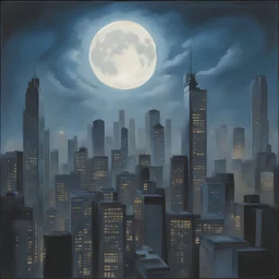 night, dark muted pale cloud lumened by bright moon, skyscrapers with white frequent square windows; shades of skyscraper windows: light blue, The roofs of skyscrapers are dark squares or illuminated with a dim blue border,