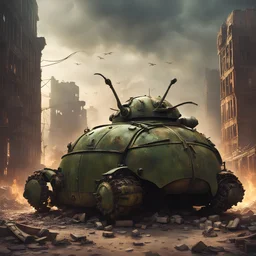 apocalyptic , atmospheric ancient beetle Tank with luggage ruined city night war zone