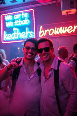 An "Identical twins" performing at dance club, theyre name is "Martin and Mercurius" Happy and celebrity look, , Neon lights and smog, "We are the kebab brothers" big sign on the wall
