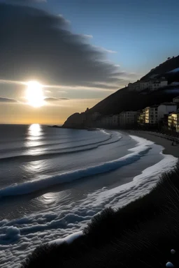 Maiori italia invierno de mañana con mucho frio sol tenue sobre el mar tirreno y el arena negro