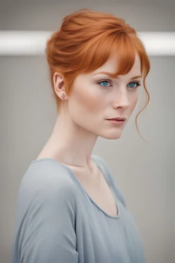 ginger haired young attractive woman with blue eyes & freckled skin. short ponytail hair with a side bang