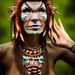 photo of female alien tribal shaman in a trance state, photography with an 85mm prime lens f 1.1