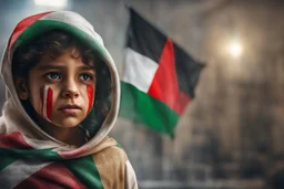 A crying Palestinian child in a broken hospital, Palestine flag, neon effect , close picture, highly detailed, high details, detailed portrait, masterpiece,ultra detailed, ultra quality