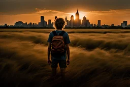 A detailed photo of a dirty fifteen year old boy wearing a backpack standing in a field with an abandoned city skyline in the background, shaggy blond hair, wearing short sleeves and shorts, sunset, tall grass, bright colours, baste landscape, cinematic photography, high resolution, high quality, highly detailed.