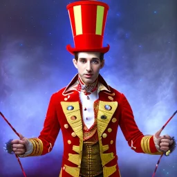 circus ringmaster standing alone in ring, garish red coat, dark circus tent, 1800s, chiaroscuro lighting , 8k UHD, matte painting, illustration, renaissance, artwork, high-quality, intricate detail, dark circus, night circus, creepy, rocco, greg rutowski, howard lyon, alphonse mucha