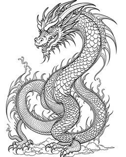 coloring page for kids, depicting a Chinese dragon, full body, black and white, outline, line art, well defined lines, grayscale, white background, empty white background