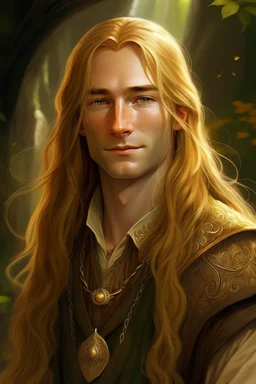 A young serene Lord Of The Rings like man with long golden hair that cascades gracefully. His calm eyes, with blind pupils, reflect a depth of wisdom and inner peace. A gentle smile graces his face, adding warmth to his tranquil demeanor.