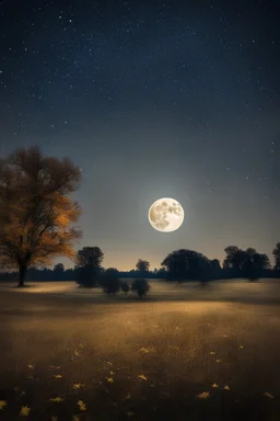 starry night with a full moon in a pasture during fall