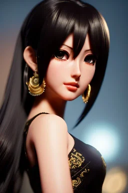 Young manga business woman, dark orange eyes, dark brown hair, elegant hair, thin lips, gold hoop earrings, waist up portrait, 8k resolution, intricate details, ornate details, soft lighting, vibrant colors, retroanime, masterpiece, realistic, intricate eyeliner, dark eyeshadow, eyes,futuristic cityscape background