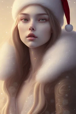 girl, cute, beautiful, long eyelashes, white hair, Santa hat, snowflakes, Christmas dress, closed mouth, head and shoulders portrait, 8k resolution concept art portrait by Greg Rutkowski, Artgerm, WLOP, Alphonse Mucha dynamic lighting hyperdetailed intricately detailed Splash art trending on Artstation triadic colors Unreal Engine 5 volumetric lighting