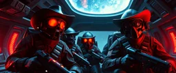 cowboy astronauts in a spaceship cyberpunk warhammer madness, alien hiding in the shadows, one character without helmet