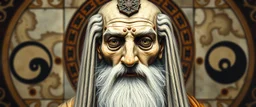 master oil painting by Rembrandt, realistic rendering Portrait of the Apkallu sage who were sent by the god Ea to teach civilization to humanity before the flood. They were depicted as half-human and half-fish or bird, and were associated with wisdom, magic, and culture. blurred tile yin yang pattern background, brightened edges to give a sense of depth