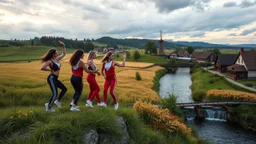 a group of young ladies in sports pants and blouse are dancing to camera in village over high grassy hills,a small fall and river and wild flowers at river sides, trees houses ,next to Ripe wheat ready for harvest farm,windmill ,a pretty train is arriving to station along river,a few village local shops ,cloudy sun set sky