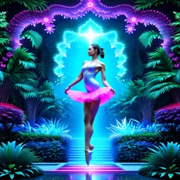 Here is a prompt for AI image generation to create an image of 3D fractal recursive art of dancer girls in a magical villa garden of the future: "3D fractal recursive art of dancer girls in a futuristic magical villa garden. Intricate, detailed, dreamlike, fantastical, surreal, volumetric, layered, geometric patterns. Ethereal, shimmering, otherworldly. Elegant, graceful dancers in motion, surrounded by lush, verdant vegetation, ornate architecture, and glowing, luminescent elements. Vibrant, s