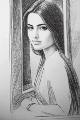 Pencil sketch of Young woman look through the window , Arab features,sad, long wavy hair, full body، on lined paper