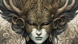 create a full color ink wash and watercolor illustration of a richly patinaed, ancient bronze female druid ceremonial mask representing Macha, utilizing historic Celtic decorative motifs, intricately detailed and sharply defined in the style of Arthur Rackham and Kay Nielsen