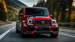 A (((G-Wagon mustang))) featuring a luxurious interior, advanced technologies, and a sleek body kit designed by MANSORY, front cinematic view on road in morning