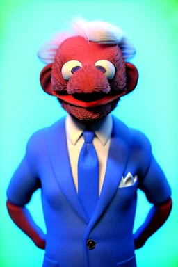 Waist up muppet Portrait, joe Biden as muppet doll, Blue suit retro style, photo studio, blue background, unreal engine 5, concept art, art station, god lights, ray tracing, RTX, lumen lighting, ultra detail, volumetric lighting, 3d.