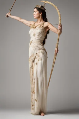 [true model woman model in flesh] Diana of Gabii stands upright, her weight evenly distributed. Her left arm is extended, holding a bow, symbolizing her role as the goddess of the hunt. The bow is delicately carved, adorned with intricate details that demonstrate the artist's meticulous attention to craftsmanship. Her right arm is slightly bent at the elbow, forming a graceful curve as her hand rests near her hip. The flowing drapery that adorns Diana's body further enhances the sense of movemen