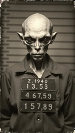 Get An old picture style of black and white mono very bad quality looks very old camera picture of arrested alien photo , from and side views , with arrest prisoner number , year 1900