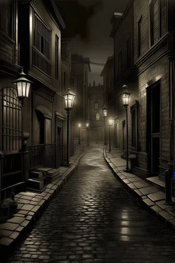 1890s city streets with muddy road and dark atmosphere oil lamps lighting up an alley party digital art