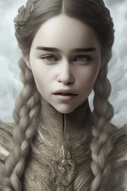 Perfect Emilia clarke face, wearing viking, fullbody, intricate, highly detailed face, highly realistic, fog, fire, particles