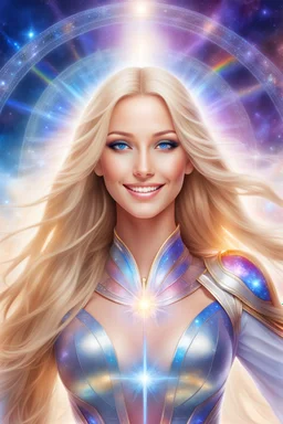 cosmic woman smile,beautiful ufos rainbow, admiral from the future, galactic confédération, fine whole face, crystalline skin, expressive blue eyes,rainbow, smiling lips, very nice smile, costume pleiadian, Beautiful tall woman pleiadian Galactic commander, ship, perfect datailed golden galactic suit, high rank, long blond hair, hand whit five perfect detailed finger, amazing big blue eyes, smilling mouth, high drfinition lips, cosmic happiness, bright colors, blue, pink, gold, jewels, realist,