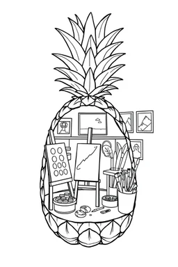 Pineapple Cozy Art Studio Coloring Page: A pineapple cross-section displaying an art studio. Features an easel, paint palettes, brushes, and artworks hung on the walls.