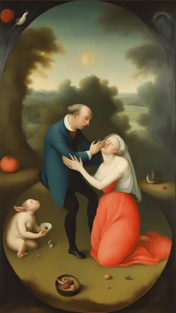 Bosch painting style, nightmare, a man and a woman are deeply in love