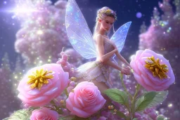 one big crystal subtle flower in a galactic ambiance above a very little beautiful fairy, transparent petals, delicate colors, in the foreground, full of details, smooth, bright sunshine，soft light atmosphere, light effect，vaporwave colorful, concept art, smooth, extremely sharp detail, finely tuned detail, ultra high definition, 8 k, unreal engine 5, ultra sharp focus