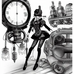 great illustrator, spanish, pencil sketch of a cute girl, beautiful, steampunk syle, black and white. Helmet with tubes. glasses, venetian mask. Machinery in the background. robotic birds flying. High details.