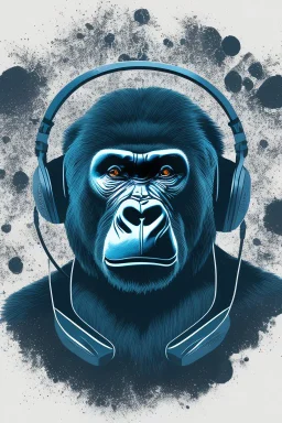 action shot of a Gorilla with headphone mixing music with Dj controller , DMT art,, tshirt vector, enclosed in a circle, sunshine, contour, white background