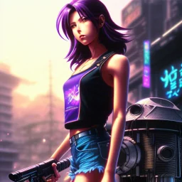 revy black lagoon, purple hair, black tank top, jean shorts, tribal sleeve left arm, portrait shinkai makoto, studio ghibli, studio key, madhouse anime studio, artgerm, lau rossdraws james jean marc simonetti pixiv