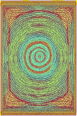 Sacred interference pattern; pixelated fractal art with a Philip Guston color palette