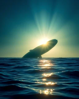 A massive whale occluding the sun creating god-like crepuscular rays, shot with a Sony A7R IV / A7S III camera with a Sony FE 24-70mm f/2.8 GM lens and an Elinchrom Rotalux Softbox, deep saturated blues and greens, photo