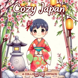 Create a book cover for Cozy Japan Coloring Book featuring a charming Japanese girl in a vibrant, floral yukata as the central figure. She is surrounded by cozy, peaceful elements of traditional Japanese scenery—such as falling cherry blossoms, a small stone lantern, bamboo groves, and paper lanterns softly glowing above her. The setting is tranquil and colorful, evoking a warm, inviting atmosphere of everyday Japanese charm. Illustration in vivid color style with delicate textures, soft lightin