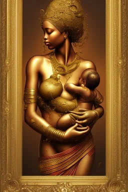 an abstract painting of gold metal and flowers, gold shinny African mother breast feeding her baby, rust, scaffolding, iron cladding, decay, mixed media, textured, anatomically correct, beautiful perfect face, sharp focus, highly detailed