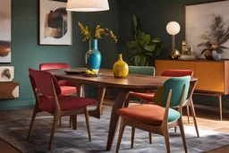 cinematic, a vibrant Mid-century modern dining area, colorful chairs and a retro sideboard, a straight-on angle capturing the essence of the style, ultra realistic, many detail, dramatic light effect --ar 9:16 --stylize 60 --v 6