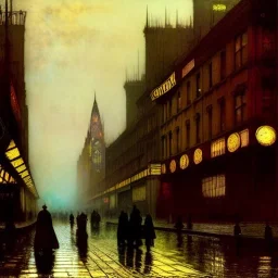 Corner building Metropolis ,dark colours, watercolor, volumetric light, by john atkinson Grimshaw, detailed painting,matte painting, alphonse mucha, greg rutkowski,