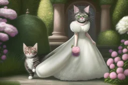 an anthropomorphic, kitten bride happily throwing a bouquet in a beautiful garden. The kitten has fluffy fur in shades of light brown and grey with distinct tabby markings on its face. Its large, expressive eyes are a deep emerald green and it has a small, pink nose. The kitten is wearing embroidered white lace bride dress, tulle, gemstones, pearls, adorning the hem and bodice. Behind her, a celebrating crowd, cats and people dressed in elegant clothes, wedding food and cake on the tables. Behin