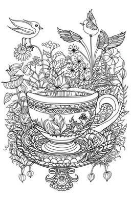 Outline art for coloring page, AVANT GARDE DRAWING TEACUP SET IN A GARDEN, coloring page, white background, Sketch style, only use outline, clean line art, white background, no shadows, no shading, no color, clear