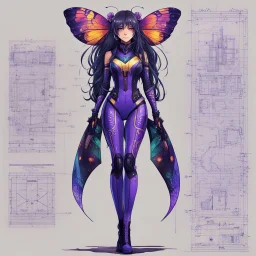 full body portrait illustration , long hair, with detailed blueprints and engineering schematics of a walking hybrid Madagascan sunset moth insect girl, in anime style, with highly detailed facial features, drawings, and technical notation, 8k, vibrant natural colors, purple tight latex bodysuit