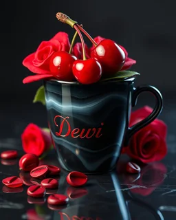 . coffee cup covered with black agate and ruby ​​in the form of cherries, as realistic as possible, 5D, photorealistic,under the inscription the text 'Dewi Cinta' in detail emboss cursive letters, near red roses, ultra dark background HD 64k studio hyperrealism lightning light reflection