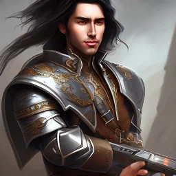 D&D character, male, long black hair, dark tan skin, artificer, holding gun, light armor, chain armor