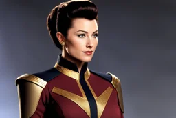 Kira Nerys for the first time, your attention is immediately drawn to her uniform, emblazoned with the emblem of the Bajoran Militia. The black fabric is crisp and clean, accentuating the lean, muscular lines of her body. The gold trimmings that adorn the collar, cuffs, and pockets give the uniform a sense of formality and authority.