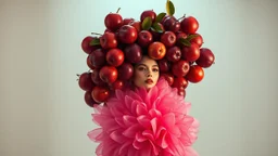 High fashion photography of a model in a Tim Walker and Alexander McQueen style pink plum dress, studio lighting, large-scale headdress with many fruits, wide shot, highly detailed, hyperrealistic, cinematic photography - ar 9:16. High fashion photo shoot of a model in a Tim Walker style pink plum dress, intricate headdress made of conceptual plum fruit sculptures