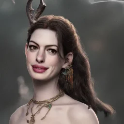 only perfect Anne Hathaway, wearing victoria secret, village, background dragon, highly realistic, highly detailed, viking clothes, mist around, smoke